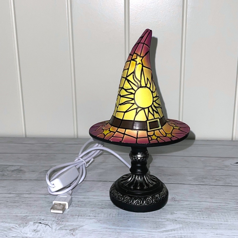 Mini Witch Hat Resin Table Lamp Stained Glass Design USB Sun and Stars Purple